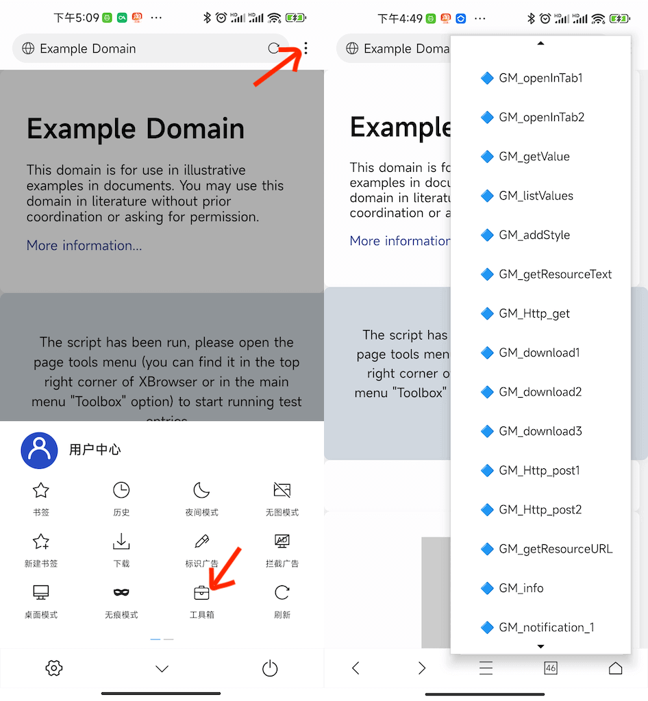 X Browser page tools menu with GM API test options